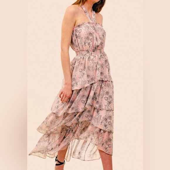 MISA Valeria halter tiered pink gray ruffle midi dress floral - Picture 2 of 5